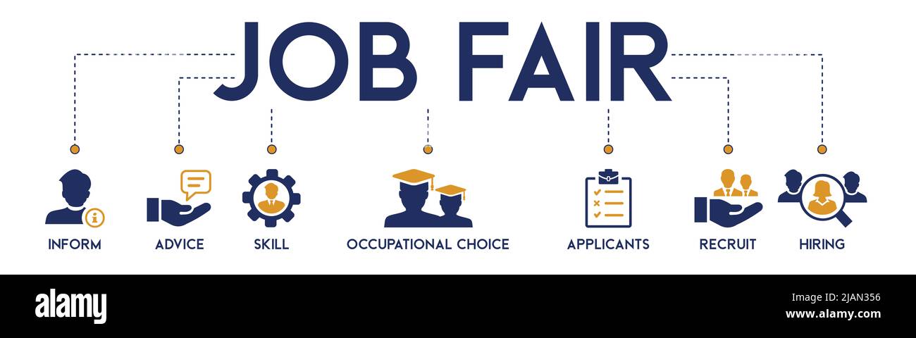 Job fair banner web icona concetto di illustrazione vettoriale per il reclutamento dei dipendenti e il programma di onboarding con un'icona delle informazioni, consigli, abilità Foto Stock
