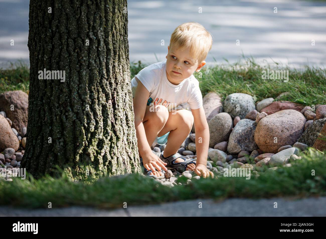 Un bambino gioca con i ciottoli nel parco cittadino. Il concetto di ricreazione, gioco e lo sviluppo delle abilità motorie dei bambini. Foto di alta qualità. Foto Stock