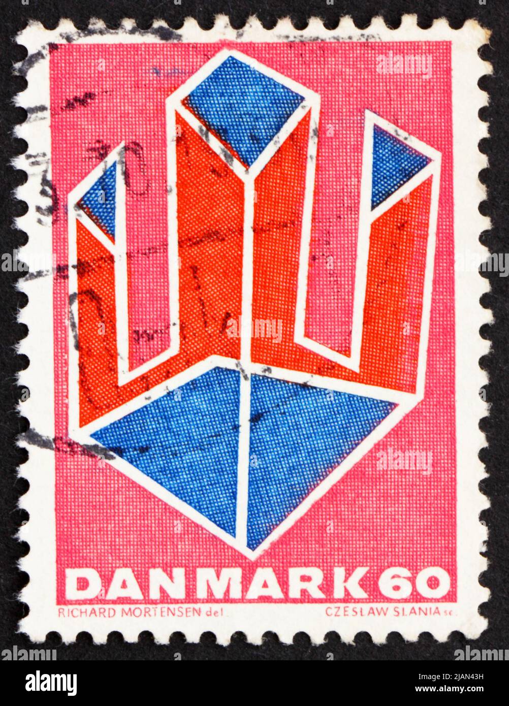 DANIMARCA - CIRCA 1969: Un francobollo stampato in Danimarca mostra Abstract Design, pubblicato in onore di Valdemar Poulsen, Ingegnere elettrico e inventore, cir Foto Stock