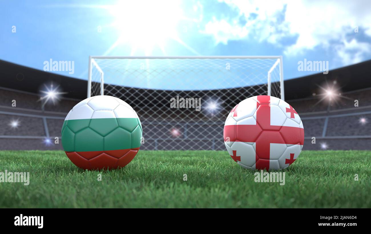 Due palline da calcio nei colori delle bandiere sullo sfondo sfocato dello stadio. Bulgaria e Georgia. immagine 3d Foto Stock