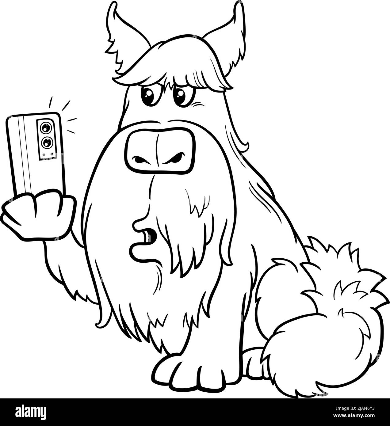 Illustrazione cartoon in bianco e nero di divertente cane animale personaggio prendendo un selfie con smart phone coloring pagina Illustrazione Vettoriale