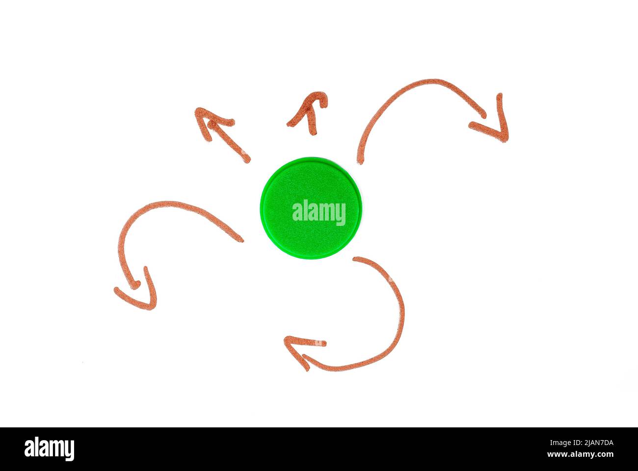 Frecce provenienti da un punto centrale verde, nodo centrale, punto centrale. Nuove direzioni, possibilità, verso l'esterno simbolo di strategia di movimento, abstract c Foto Stock