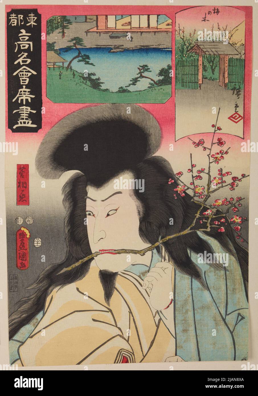 Uomo con un ramoscello fiorito nei denti e due paesaggi, dalla serie: Toto Komei kai seki ga(e) HIROSHIGE, UTAGAWA (1797 1858), Kunisada, Utagawa (1786 1864) Foto Stock