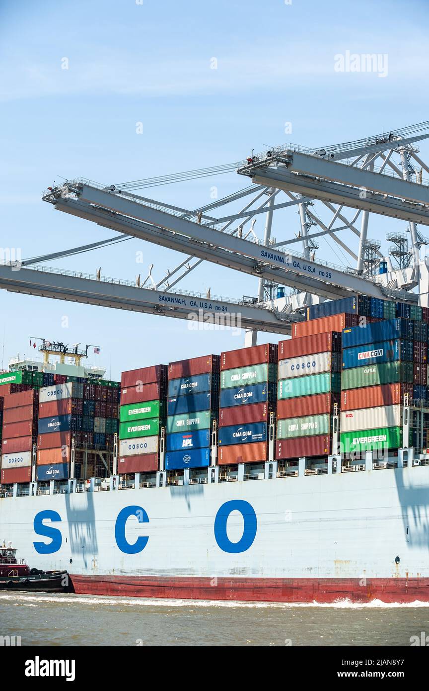 Immagini di scorta della nave COSCO Development Container, la più grande nave che mai chiamava la costa orientale, entrò nel fiume Savannah questa mattina e nel mak Foto Stock