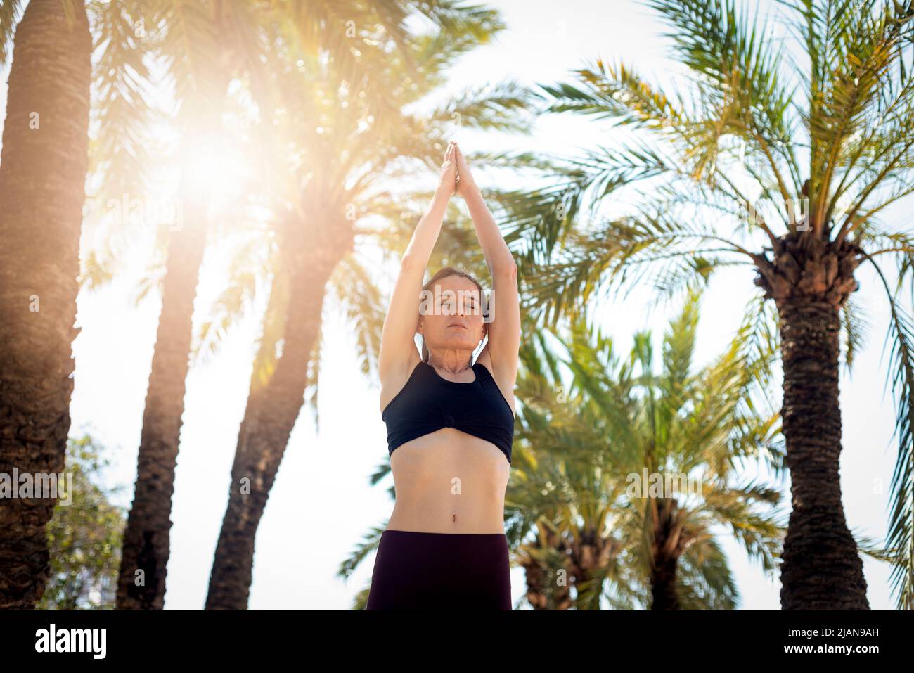 Donna in piedi pratica yoga con le braccia sopra la testa meditando. Palm tree sfondo tropicale. Foto Stock