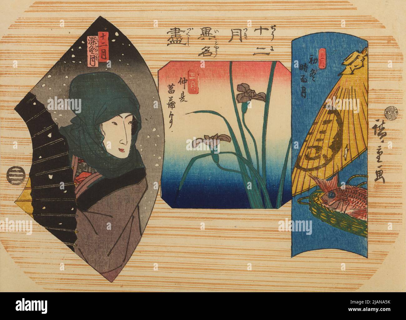 Tre composizioni che presentano dicembre, maggio e ottobre, dalla serie: Dodici mesi rari, dipinti famosi Foto Stock