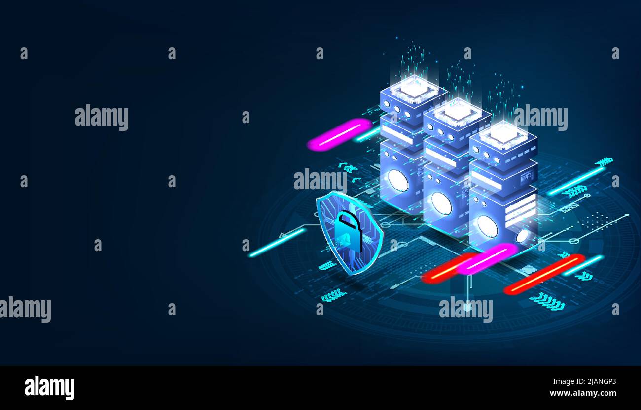 Concetto di sicurezza informatica, database, big data, server Internet, storage cloud e reti virtuali Illustrazione Vettoriale
