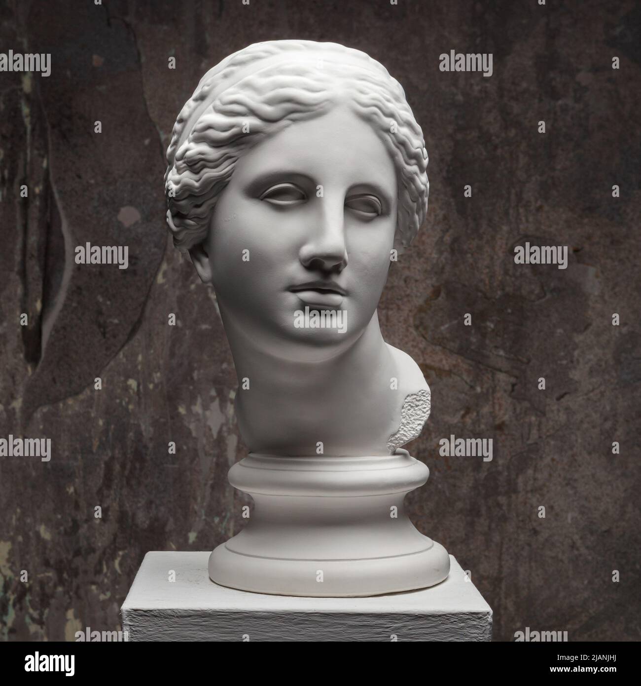 Testa di marmo bianco di giovane donna. Scultura d'arte della statua di pietra faccia. Antico monumento donna bella Foto Stock