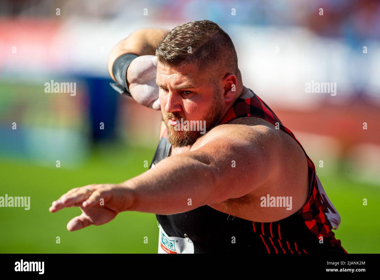 Ostrava, Repubblica Ceca. 31st maggio 2022. Il lanciatore di colpi Joe Kovacs degli Stati Uniti compete durante il Golden Spike, incontro atletico internazionale del giro continentale - categoria d'oro a Ostrava, Repubblica Ceca, 31 maggio 2022. Credit: Jaroslav Ozana/CTK Photo/Alamy Live News Foto Stock