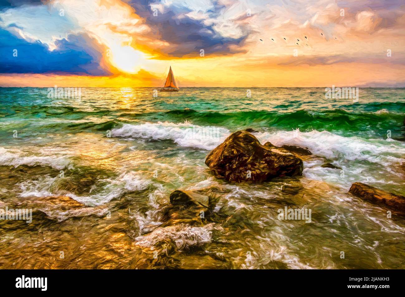 Una barca a vela sta navigando lungo l'oceano contro UN colorato Ocean Sunset Sky in Illustration Painting Format Foto Stock