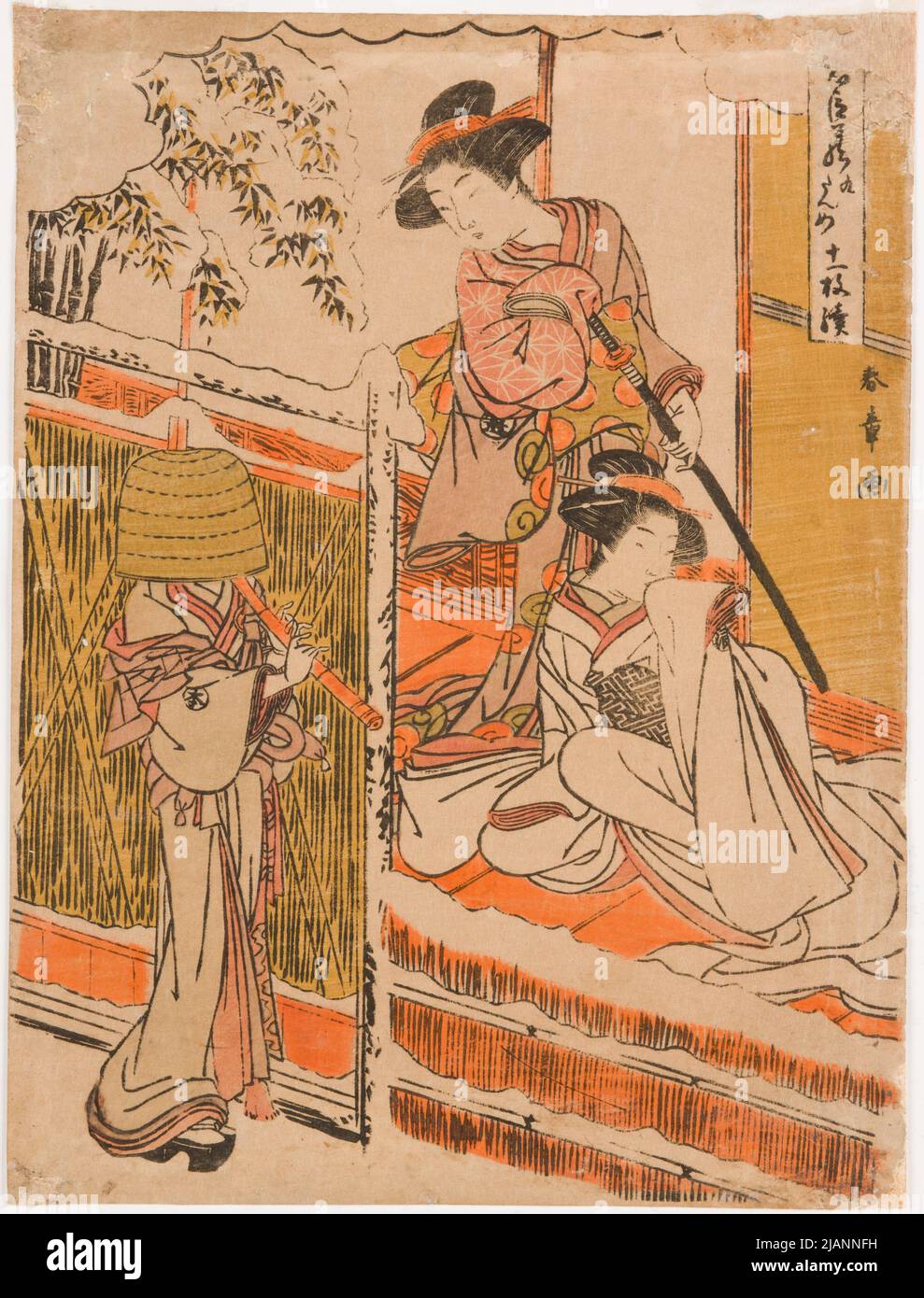 Due ragazze sul portico a e un komuso Katsukawa, shunsho (1726 1792) Foto Stock