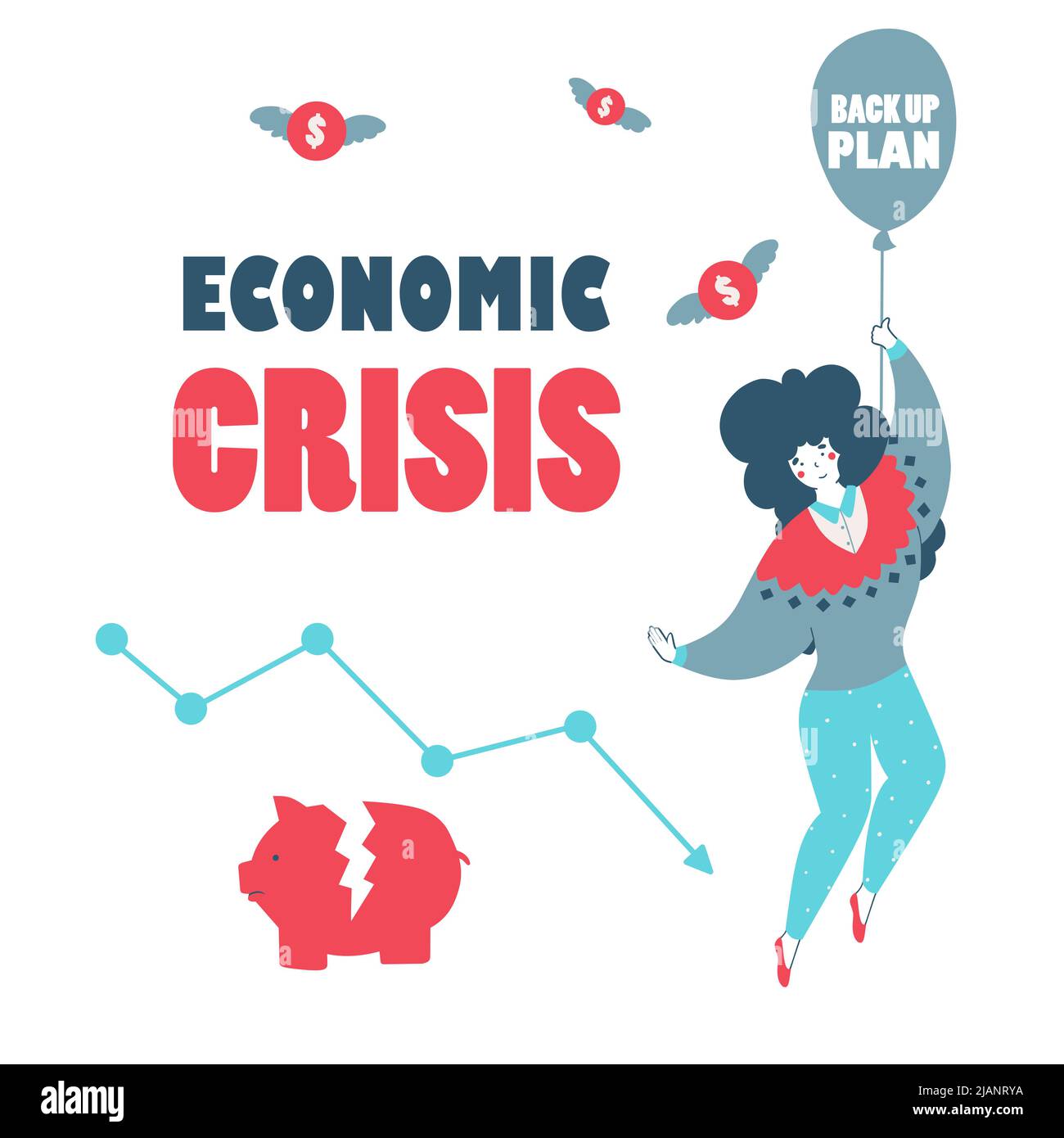 Crisi economica back up piano cartoon flat vettore illustrazione. Ridurre il grafico. Freccia verso il basso. Business Concept Girl con palla risparmio finanziario. Vet Illustrazione Vettoriale