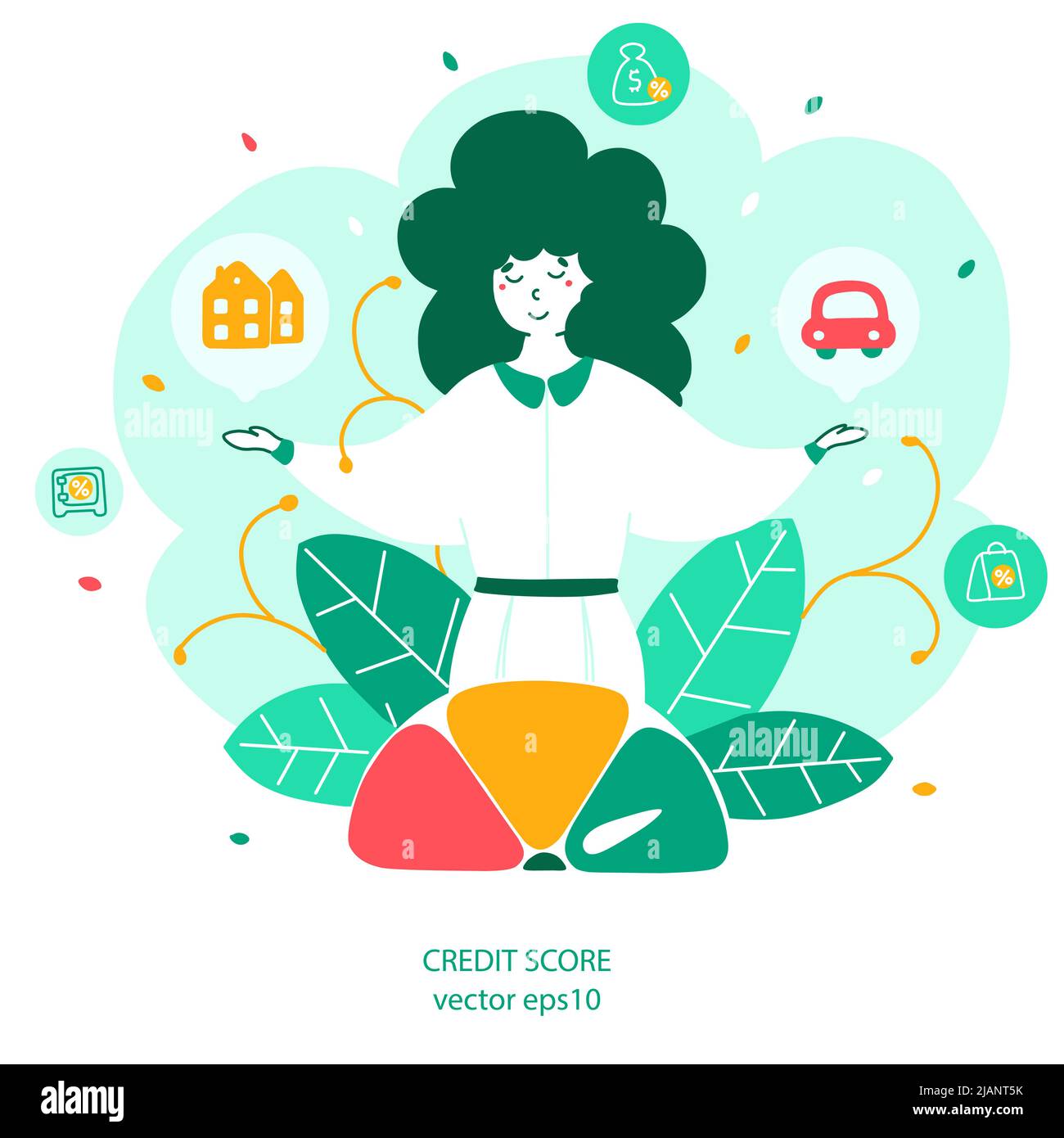 Modello flat vettoriale pagina di destinazione del punteggio di credito. Operazioni finanziarie e storia del credito. Servizio bancario, layout del sito web di prestito al consumatore. Denaro borrowin Illustrazione Vettoriale