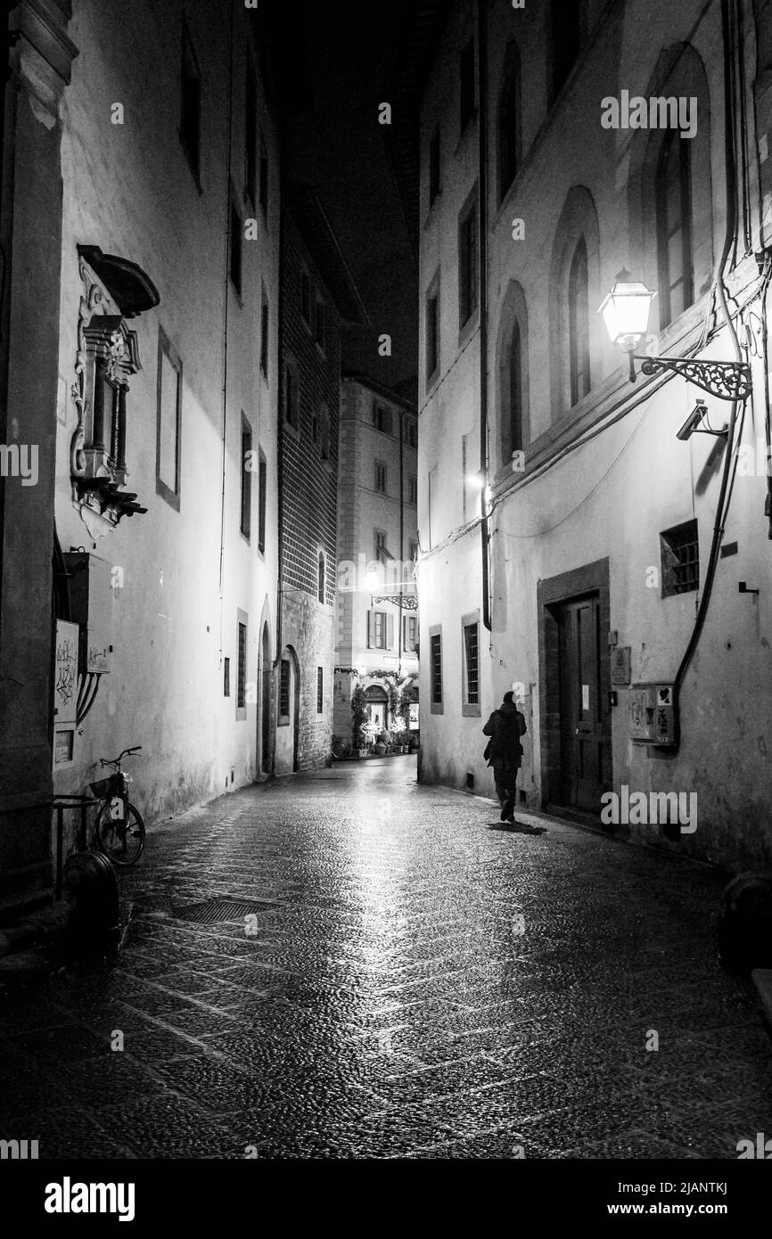 Profilo riflesso sfocato di una persona che cammina da sola sul marciapiede bagnato del parco cittadino in una giornata piovosa Foto Stock