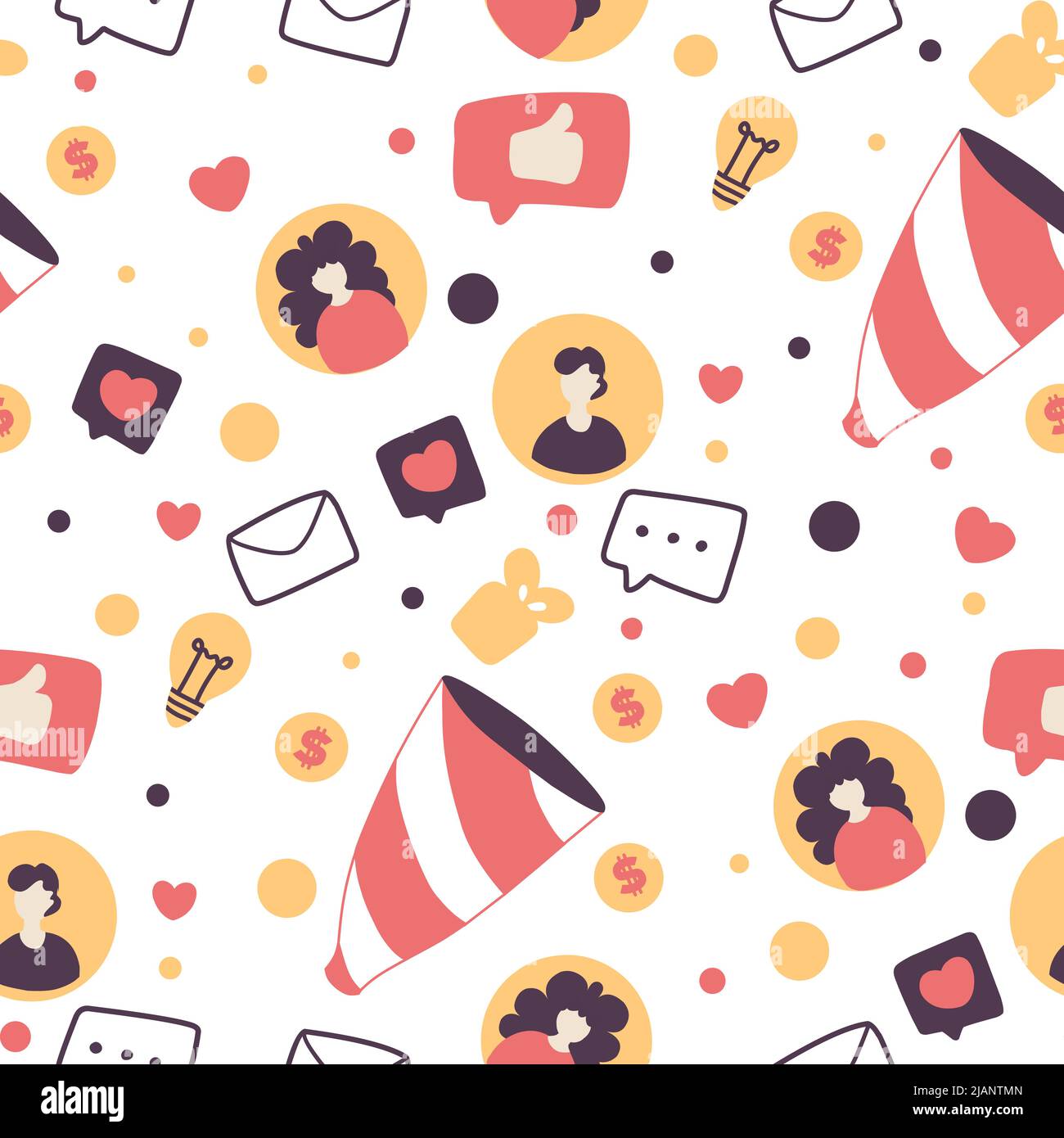 Modello di business flat vettoriale seamless per l'imbuto delle vendite. Cliente conversione e email marketing cartoon background. Strategie SMM alla moda, prof. Utente Illustrazione Vettoriale