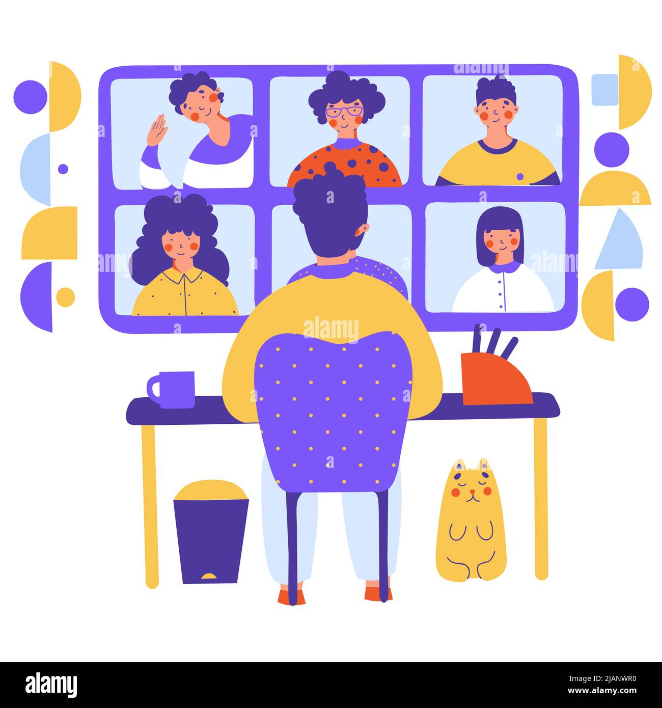 Video chat di lavoro, illustrazione vettoriale cartoon piatta. Conferenza di affari. Comunicazione digitale. Lavoro a distanza. Concetto di comunicazione. Videochiama illus Illustrazione Vettoriale