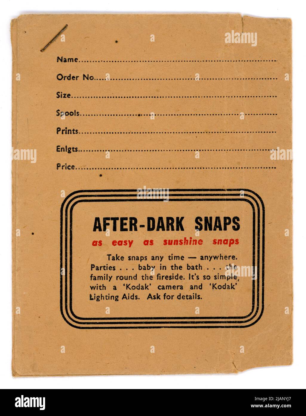 Il portafoglio fotografico Kodak originale degli anni '30, riverse per mostrare i dettagli del cliente, il numero d'ordine, utilizzato da un cliente britannico nel 1937, Regno Unito Foto Stock