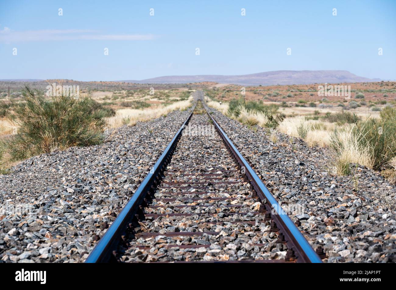 Binari ferroviari e viaggio in treno nel tipico paesaggio africano della savana, Namibia, Africa Foto Stock