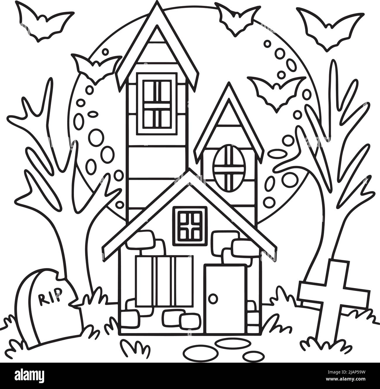 Casa infestata Halloween colorazione pagina per i bambini Illustrazione Vettoriale