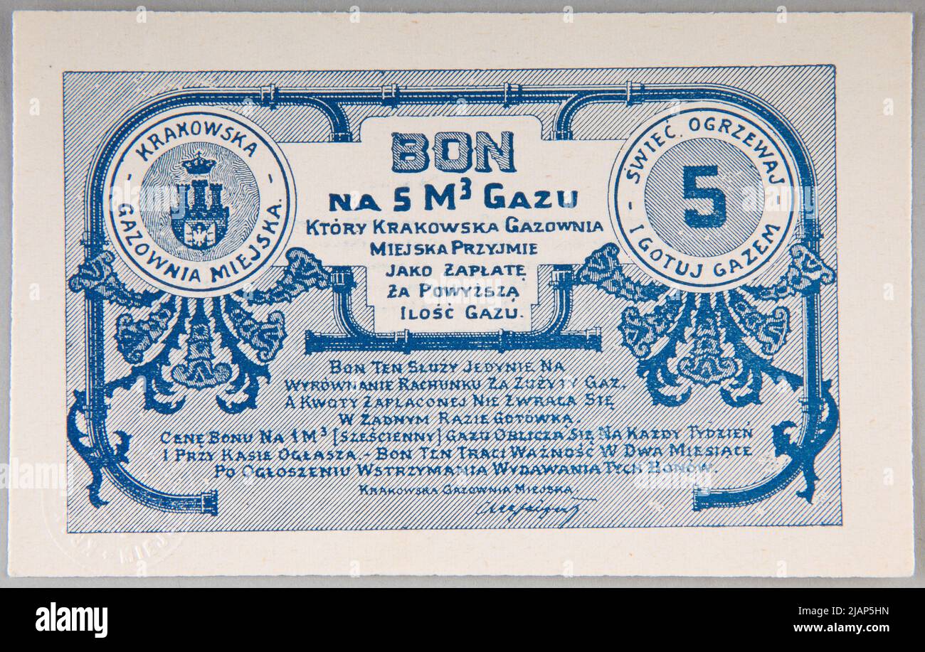 Bon per 5 m3 di gas, Cracovia Gazownia Miejska, Kraków, B.R. (1920s 1930s) Centrale di gas della città di Cracovia Foto Stock