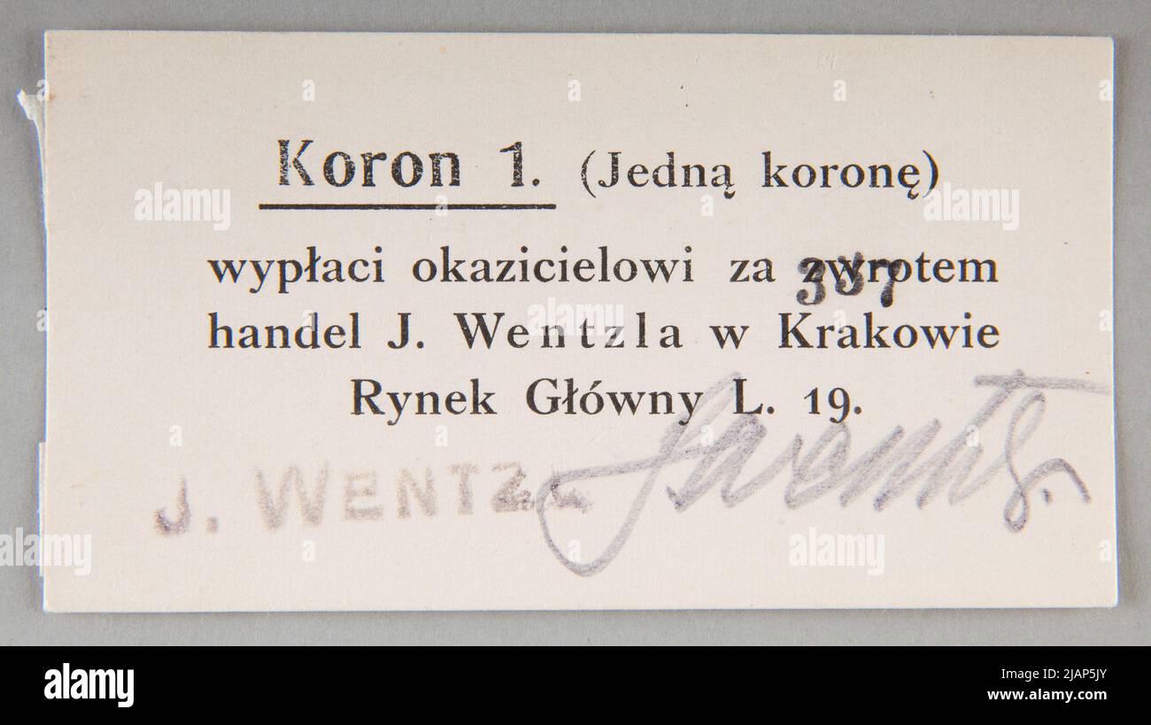 Bon per 1 Corona, J. Wentzl, Handel, Rynek Gł. 19, Kraków, B.R. (1919) Commercio di J. Wentzl a Cracovia Foto Stock