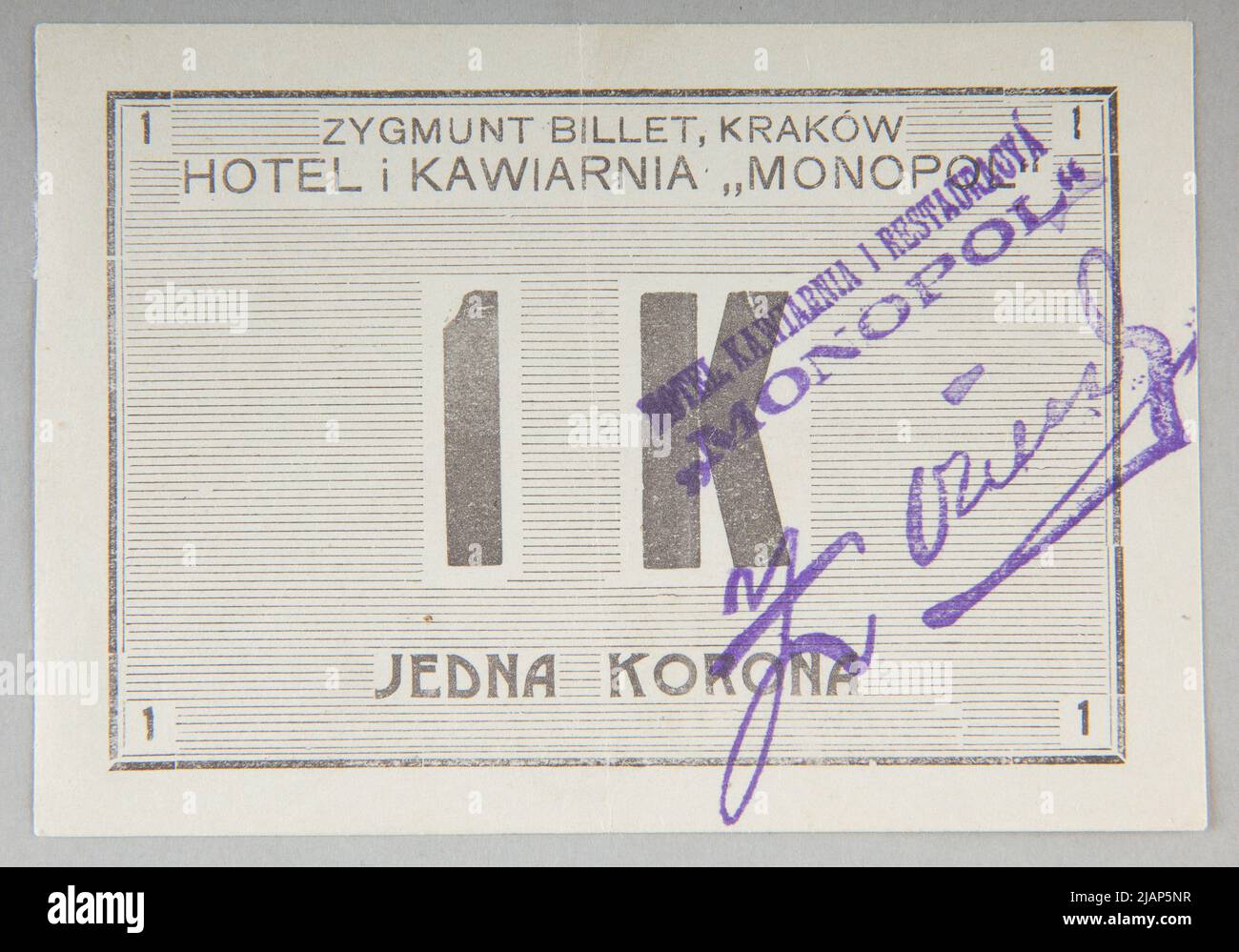 Bon per 1 Corona, Zygmunt Billet, Hotel and Cafe Monopol, Kraków, B.R. (1919) Z. Billet Kraków Hotel and Kaw. Monopolio Foto Stock