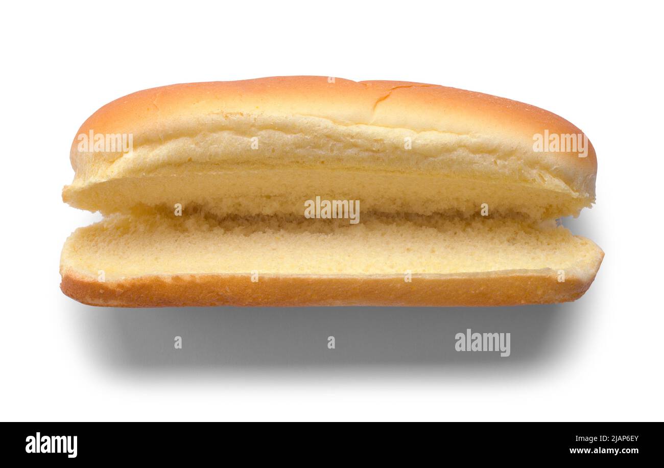 Apri Hot Dog Bun Top View Cut out su bianco, Foto Stock