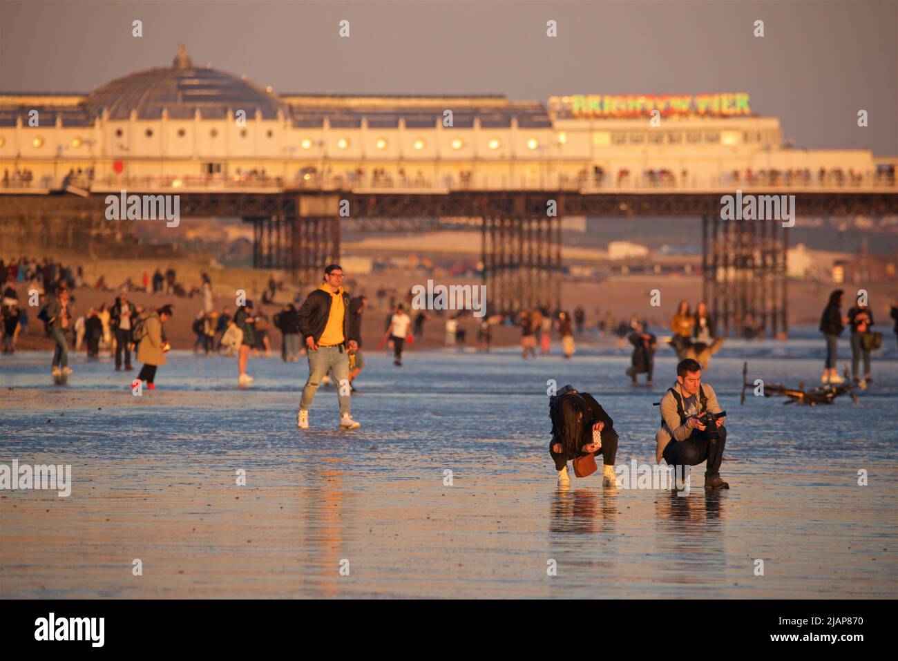 Folle di persone sulla spiaggia con la bassa marea, Brighton & Hove, East Sussex, Inghilterra, Regno Unito. Brighton Palace Pier Beyond. Foto Stock