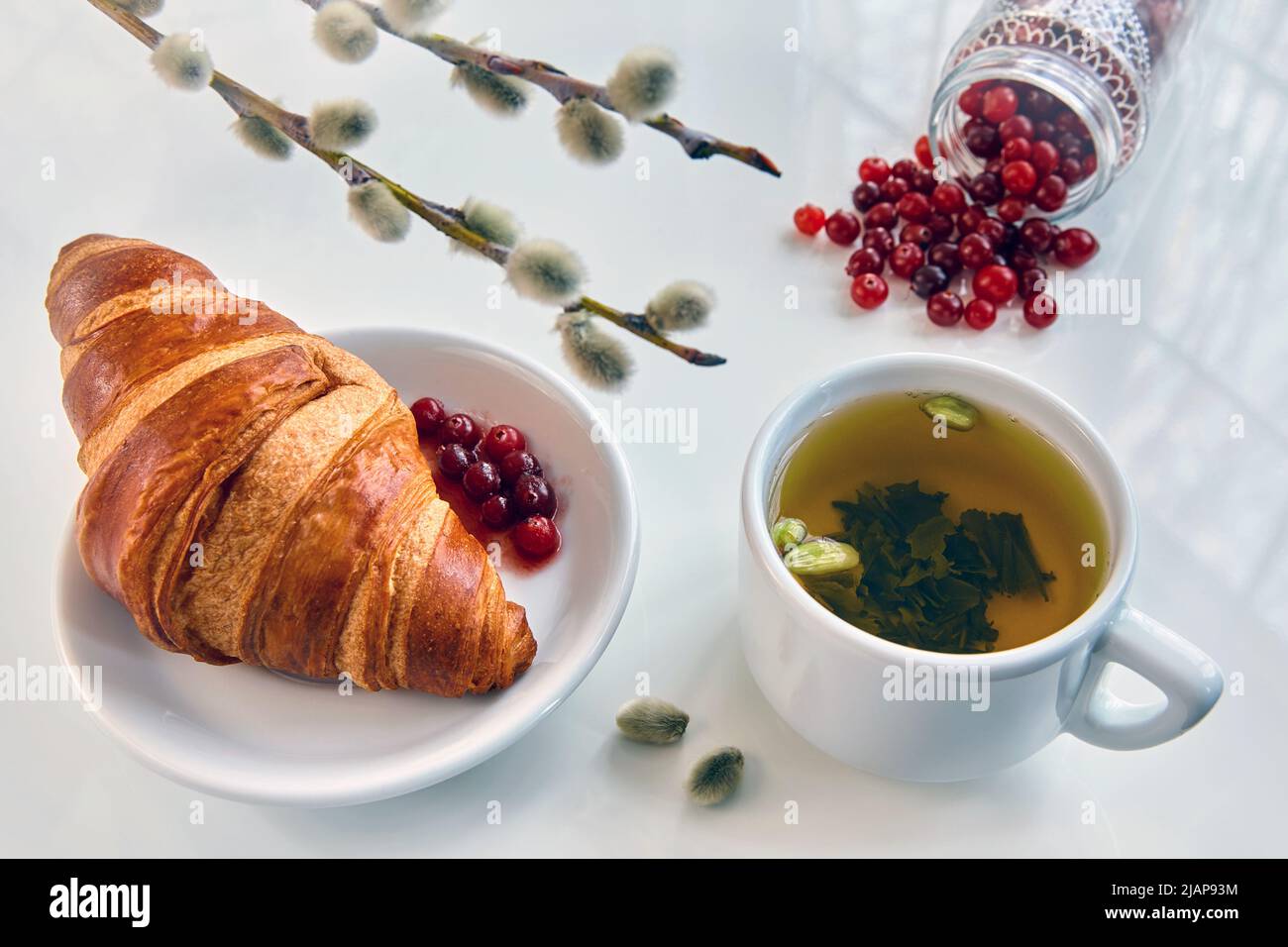 Croissant con marmellata di mirtilli e tè verde su un tavolo bianco. Luce dalla finestra e germogli di salice. Foto Stock