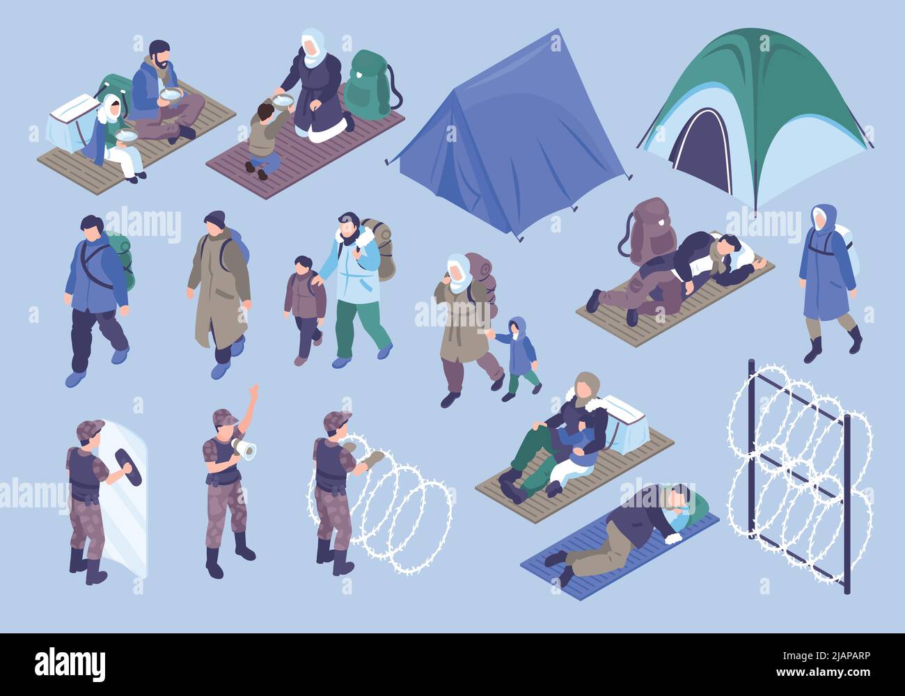 Rifugiati isometrici serie di colore delle guardie di confine spannerato filo persone che vivono nel campo di immigrazione isolato illustrazione vettoriale Illustrazione Vettoriale