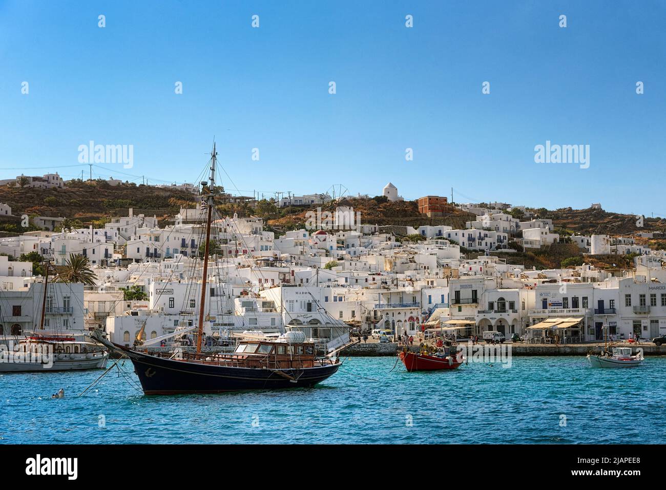 Porto di Mykonos. Mykonos è un'isola greca del gruppo delle Cicladi nel Mar Egeo. Mykonos, Grecia Foto Stock