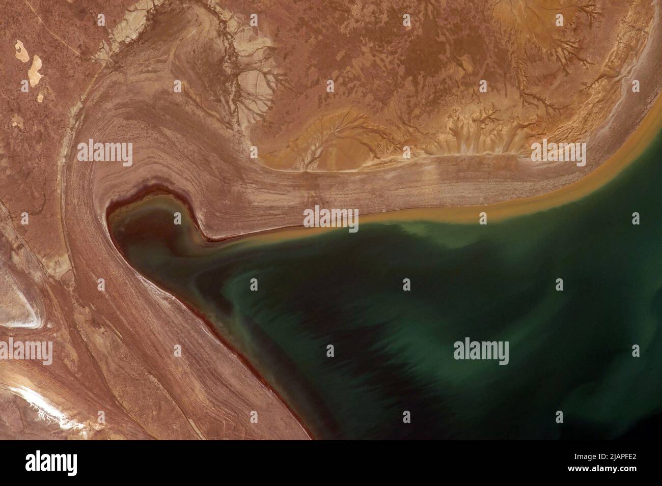 Terra dall'alto: Dettaglio del Mare d'Aral preso dalla Stazione spaziale Internazionale che mostra livelli d'acqua in caduta. Kazakhstan, Asia centrale una versione ottimizzata e potenziata digitalmente di una NASA immagine / credito NASA Foto Stock