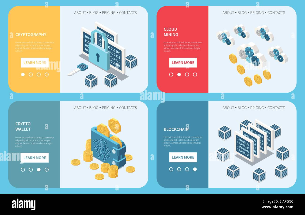 Quattro banner Web orizzontali con tecnologia crypto wallet blockchain cloud mining crittografia 3D isometrica isolata illustrazione vettoriale Illustrazione Vettoriale