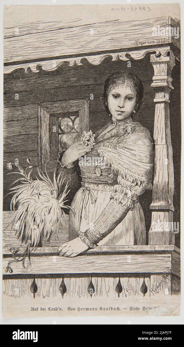 Una donna sul portico secondo Hermann Kaulbach. Una clip di una rivista tedesca. Walla, Józef (1844 CA 1907), Kaulbach, Hermann von (1846 1909) Foto Stock