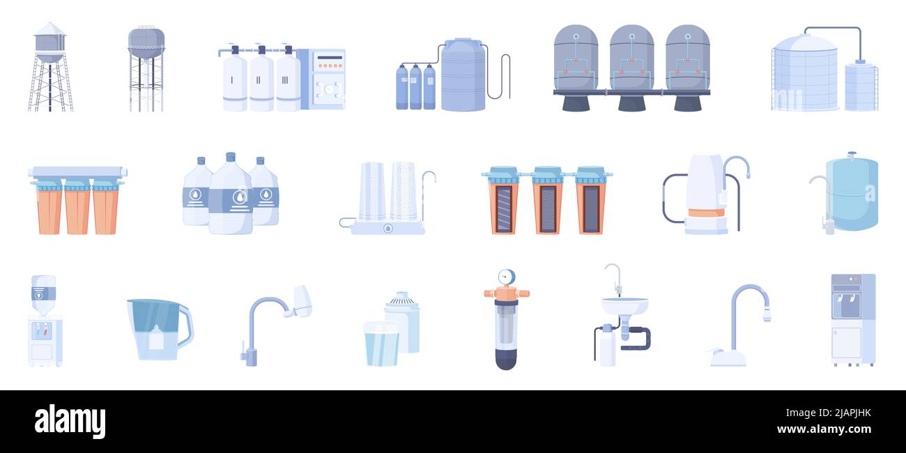Set piatto di purificazione dell'acqua con icone isolate di parti di elettrodomestici con filtri tubi e torri illustrazione vettoriale Illustrazione Vettoriale