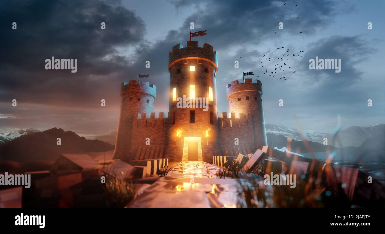 Un antico castello medievale fantasy posto contro un paesaggio panoramico al crepuscolo. 3D illustrazione. Foto Stock
