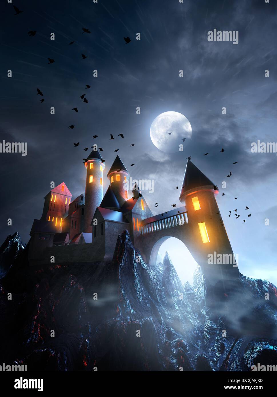 Un antico castello mitico posto in alto su un bordo di scogliera come una tempesta arriva di notte. 3D illustrazione. Foto Stock