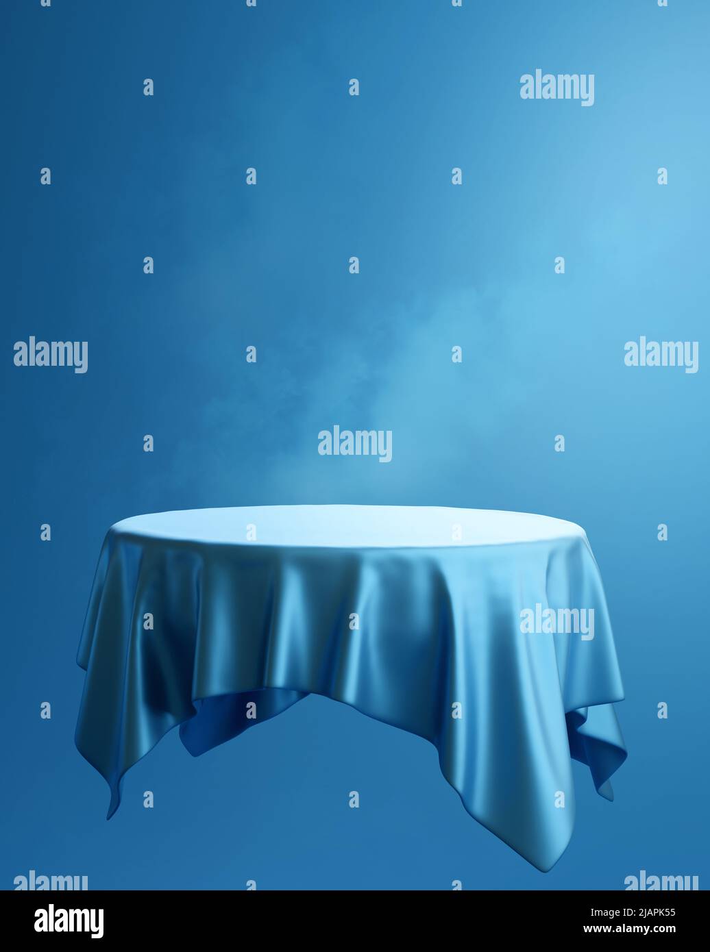 Design di sfondo bianco per posizionamento del prodotto in seta blu di lusso, illustrazione 3D. Foto Stock