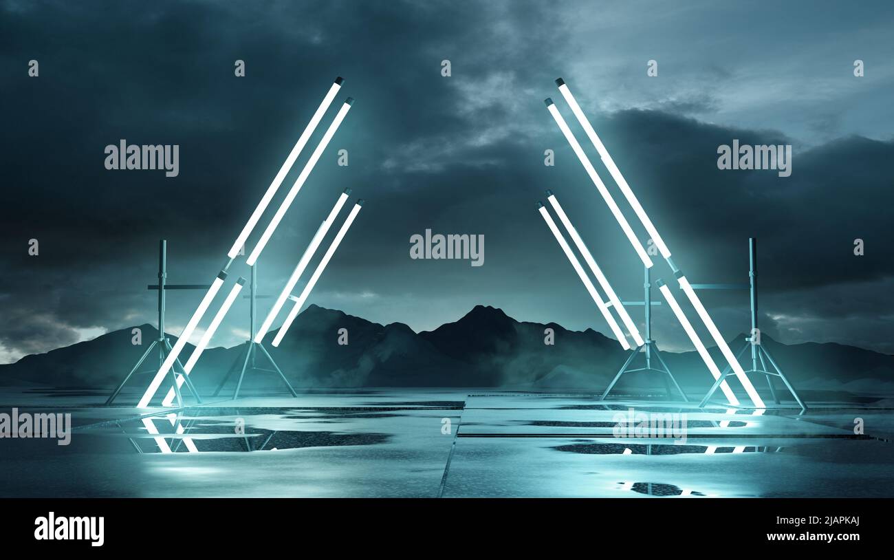 Futuristica illuminazione da palcoscenico e paesaggio all'aperto. Sfondo del posizionamento del prodotto 3D illustrazione. Foto Stock