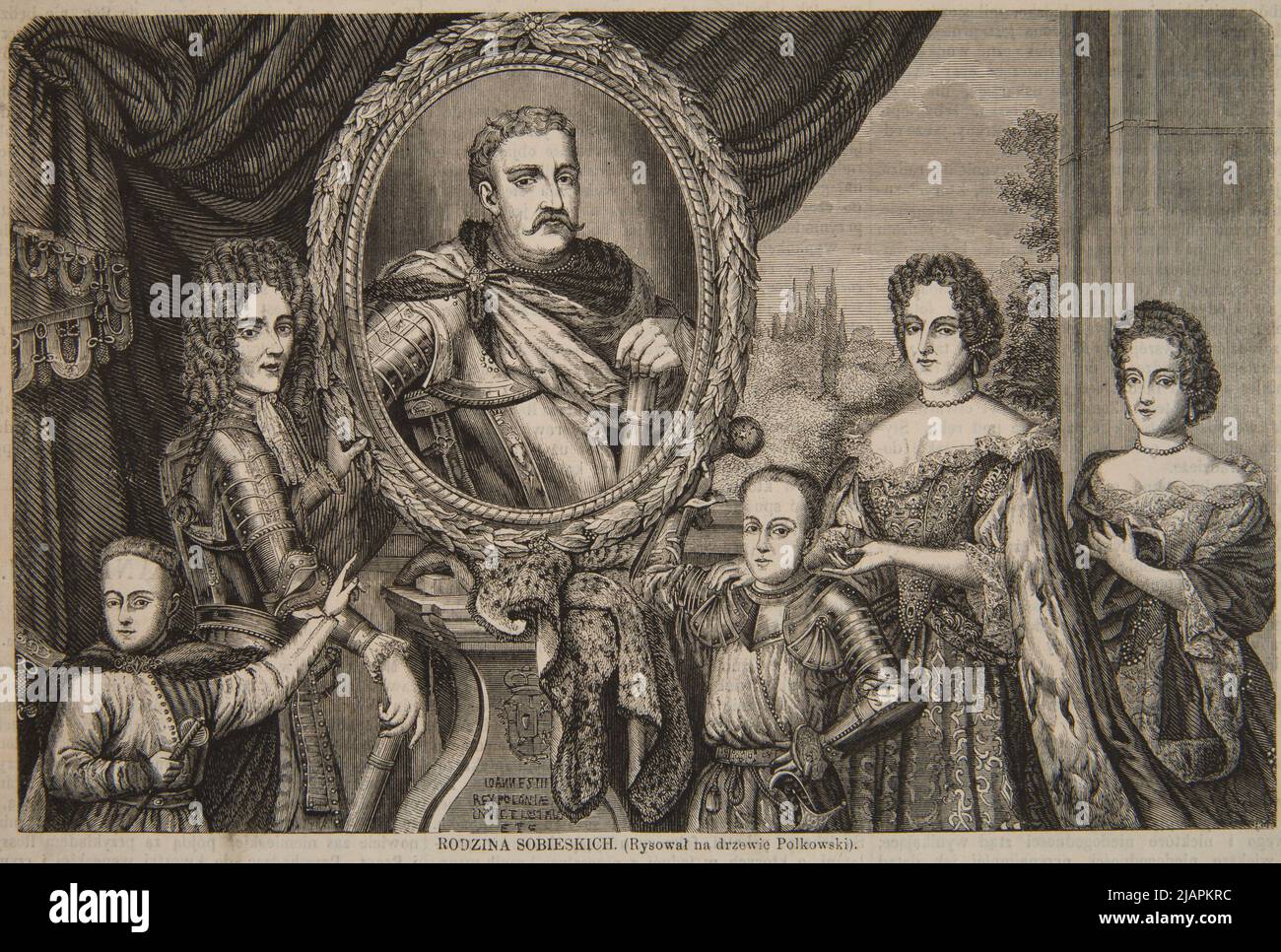 Jan III Sobieski (1629 1696) Re di Polonia con la sua Famiglia: Jakub Ludwik Sobieski, Aleksander Benedykt Sobieski, Costanty Władysław Sobieski, Maria Kazimiera Sobieska, Teresa Kunegunda Sobieska. Da: Tygodnik Ilustrowany, (1862) Vol. VI, No. 148, p. 1 Kübler, Henryk (CA 1822 ..), Polkowski, Józef Tadeusz (1820 1895), FARJAT, Benoit (1646 ante 1724), Gascar, Henri (CA 1634 1701), legno Tygodnik Ilustrowany Foto Stock