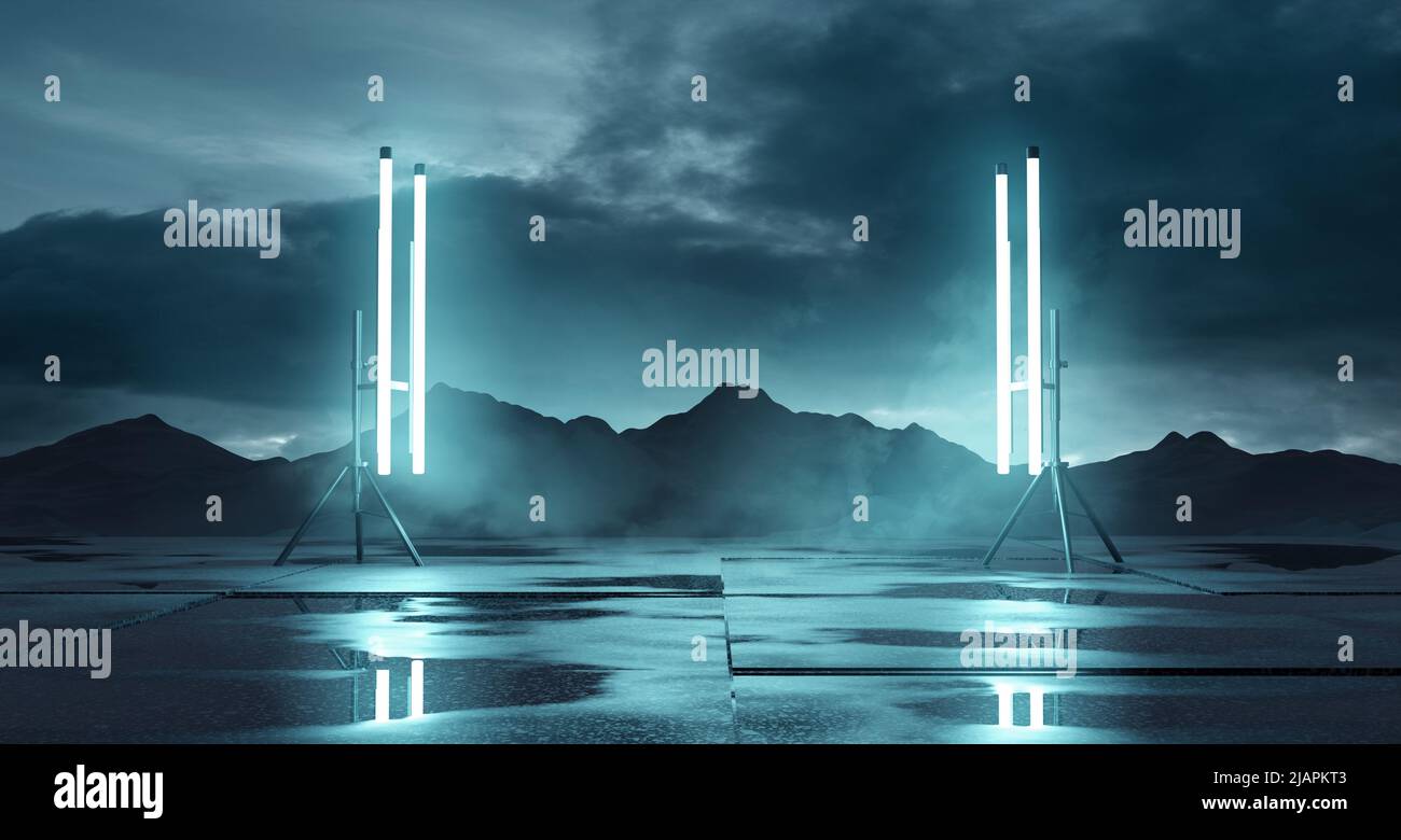 Illuminazione da palco e paesaggio all'aperto. Sfondo del posizionamento del prodotto 3D illustrazione. Foto Stock