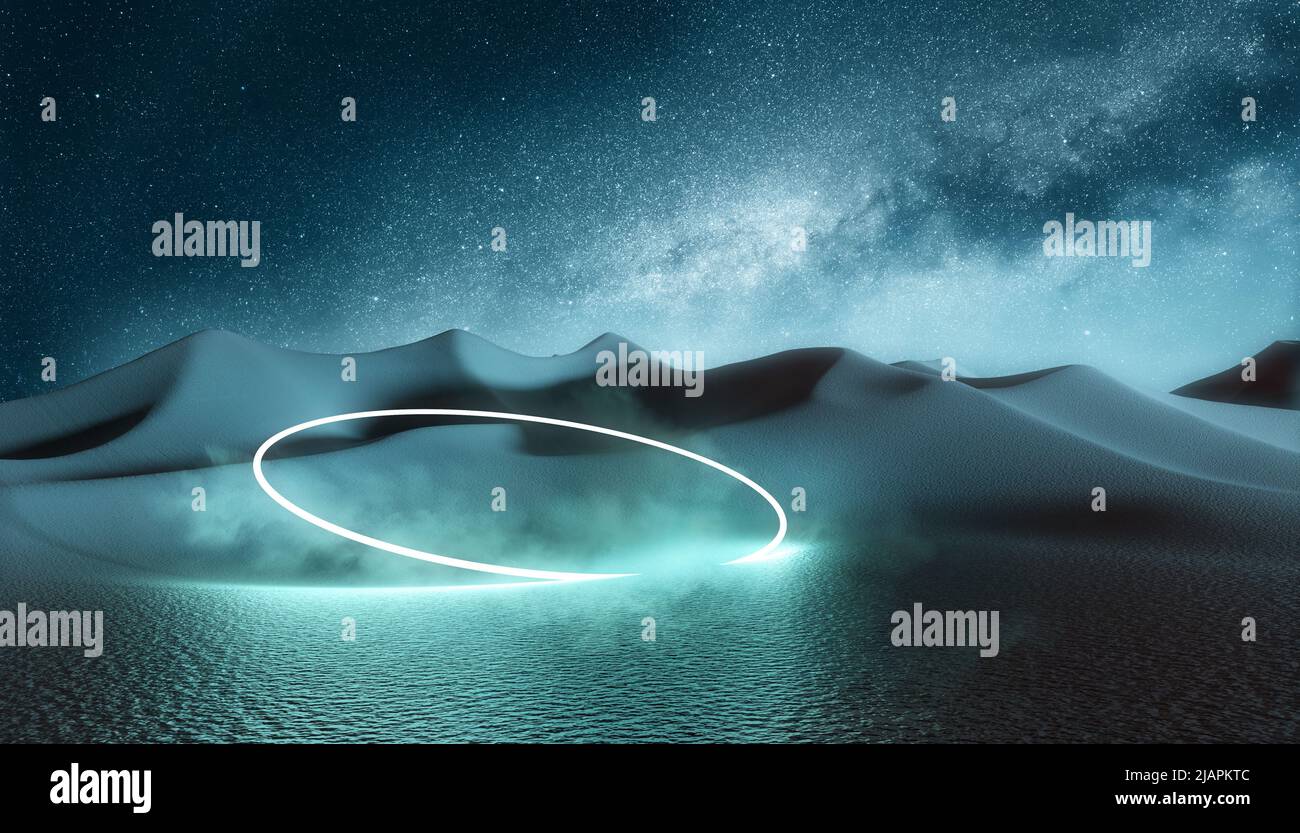 Paesaggio di dune di sabbia di notte con un anello luminoso al neon. Sfondo futuristico di 3D illustrazioni Foto Stock