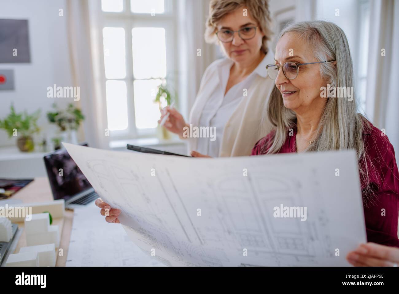 Le donne mature eco architetti con modello di moderni bulidings e progetti che lavorano insieme in ufficio. Foto Stock