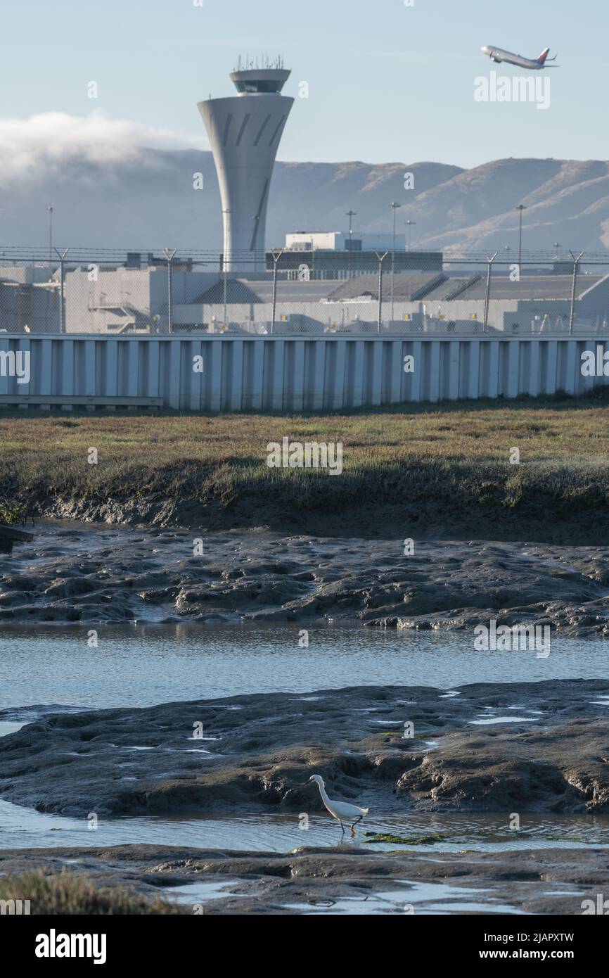 La torre di controllo del traffico dell'aeroporto internazionale di San Francisco (SFO) nell'area della Baia della California con un aereo che decollo in background. Foto Stock