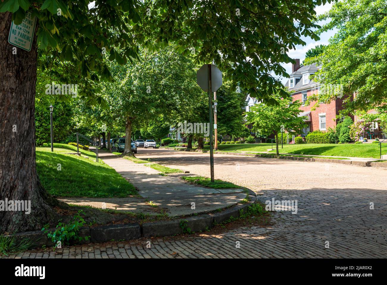 Un angolo di strada con case lungo la strada di mattoni nel quartiere Regent Square a Swissvale, Pennsylvania, USA Foto Stock