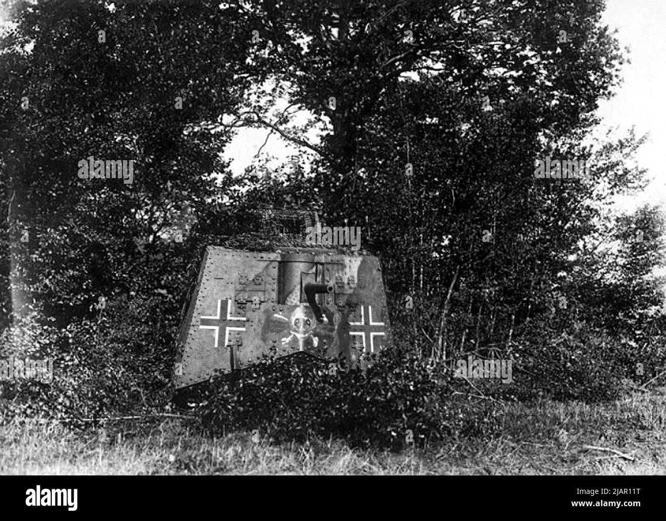 Gretchen, un serbatoio tedesco del A7V parzialmente nascosto, che emerge da un bosco presso il campo di addestramento Sachy vicino a Sedan, Francia. Gretchen fu il primo carro armato pronto per il combattimento del A7V e l'unica femmina del A7V (cioè armata solo con mitragliatrici) a vedere l'azione. Qui è mostrato dopo essere stato montato con una pistola 57mm ca. 1918 Foto Stock