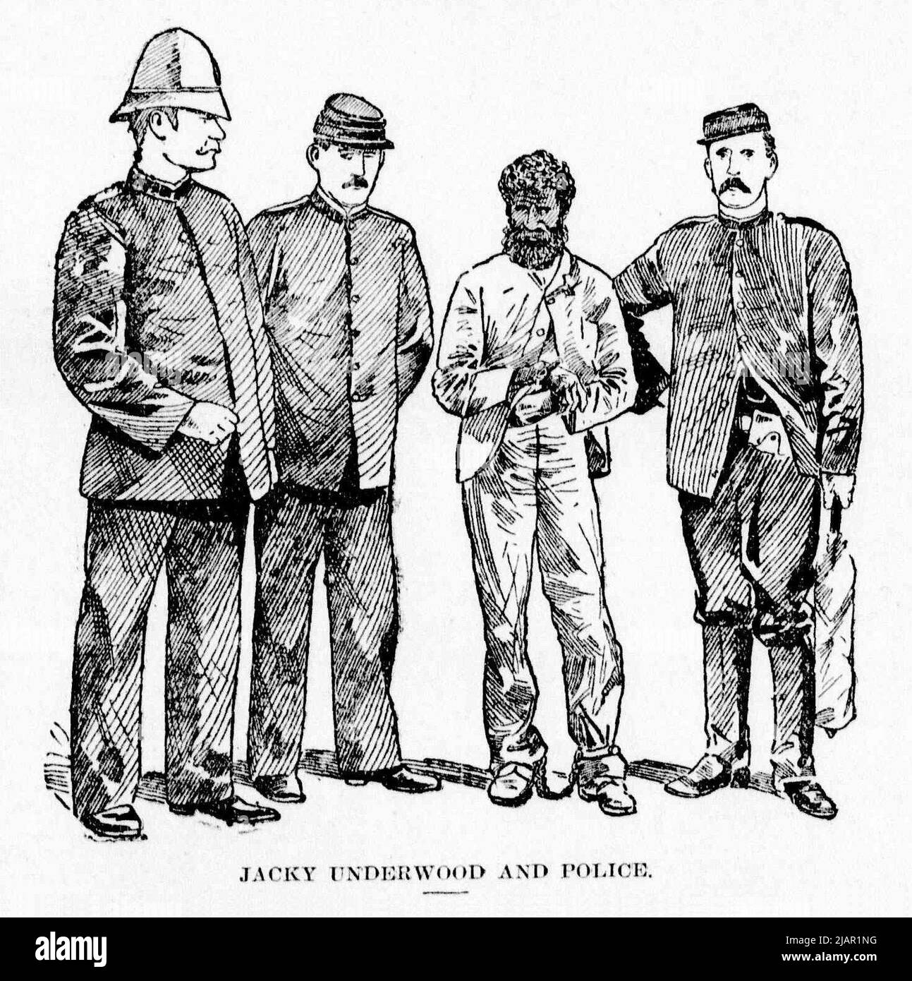 Immagine di Jacky Underwood dopo la sua cattura, con poliziotti; pubblicato in Daily Telegraph, 30 luglio 1900, pagina 7; didascalia: Jacky Underwood e polizia: Il constabile a destra ha il Nullah avvolto in stoffa che è stato usato con tale effetto terribile a Breelong ca. 1900 Foto Stock