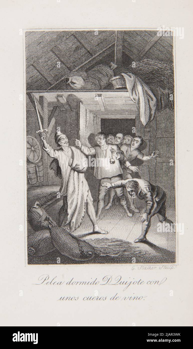 Combatto addormentato D.quijote con alcune pelli di vino pulite per il primo volume dell'edizione in miniatura: L'ingegnoso Hidalgo Don Quijote de la Mancha Stalker, E. (fl. 1801 1833) Foto Stock