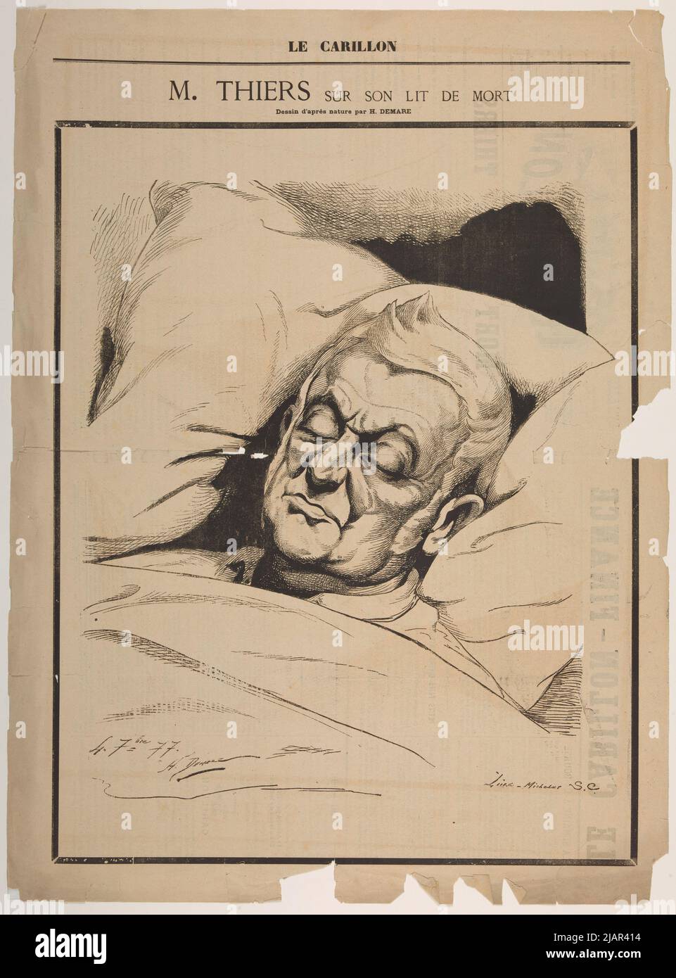 Thiers sul suo letto di morte / MR Thiers sul letto di morte Illustrazione da le Carillon 1877, No. 44 (Settembre 8) [Leire] Michelet, Demare, Henri (1846 1888), le Carillon Foto Stock