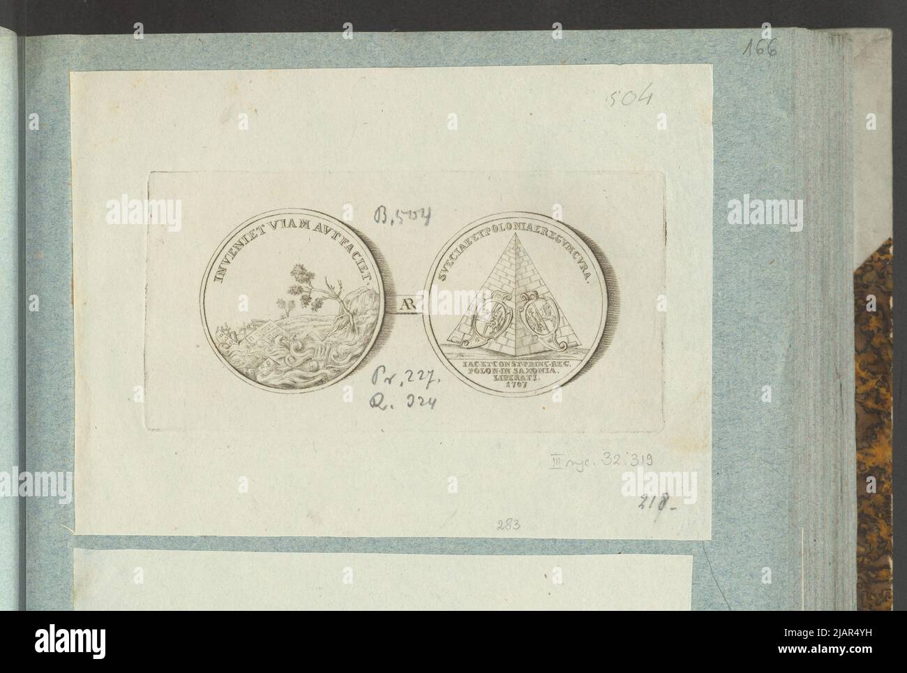 L'immagine della medaglia del 1707, in memoria della liberazione dei principi di Jakub e Costanty Sobieski, imprigionati da II agosto Wettyn negli anni 1704 1706, in: Album del collezionista: Incisioni di medaglie polacche a opera di X.B. Albertrande: Storia polacca con medaglie certificate. Preparato dal principe Henryk Lubomirski 1822 1830 arrangiato secondo la lista delle medaglie polacche di Feliks Bentkowski 1832 (item 283) Unknown, Geiger, Andreas (1765 1856) Foto Stock